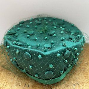 Vintage Hunter Women's Green Pillbox Hats Size W9xH2 w/ Button Studded and Lace